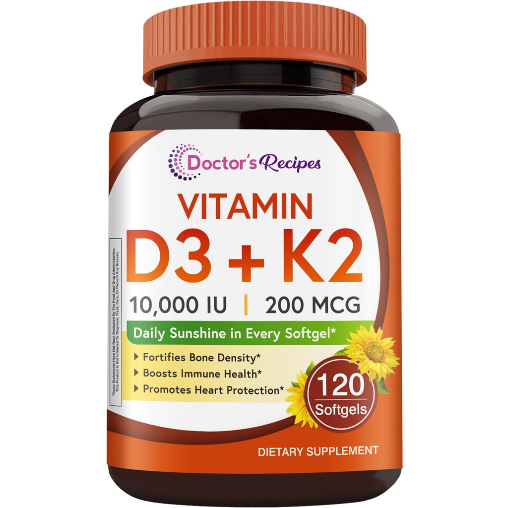 Doctor 's Opskrifter Vitamin D3 K2, 10.000 IE, 200 mcg, MK- 7, Stærk Knogletæthed, tænder, immun, Heart Support, Energy, Calcium Absorption, No Soy & Gluten, Non- GMO, 120 Softgels