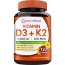 Doctor 's Opskrifter Vitamin D3 K2, 10.000 IE, 200 mcg, MK- 7, Stærk Knogletæthed, tænder, immun, Heart Support, Energy, Calcium Absorption, No Soy & Gluten, Non- GMO, 120 Softgels