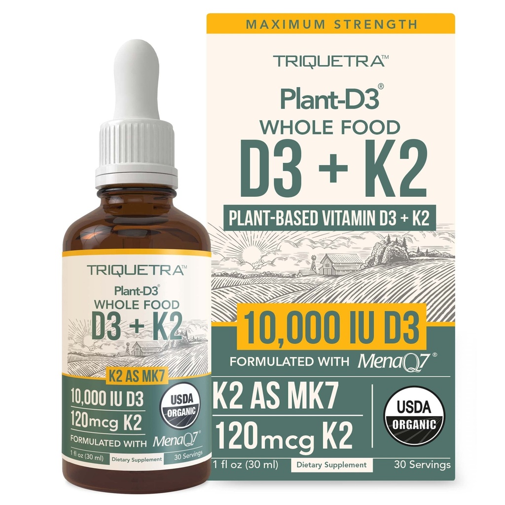 Organic Plant D3 K2 vitamin 10000 iu - All- Trans MK7 fra MenaQ7 (120 mcg K2) - 100% Organic & Plant- Based Sublingual D3 Drops 10.000 iu (Cholecalciferol), 100% Vegan - Understøtter Immunitet, Ben, Brain