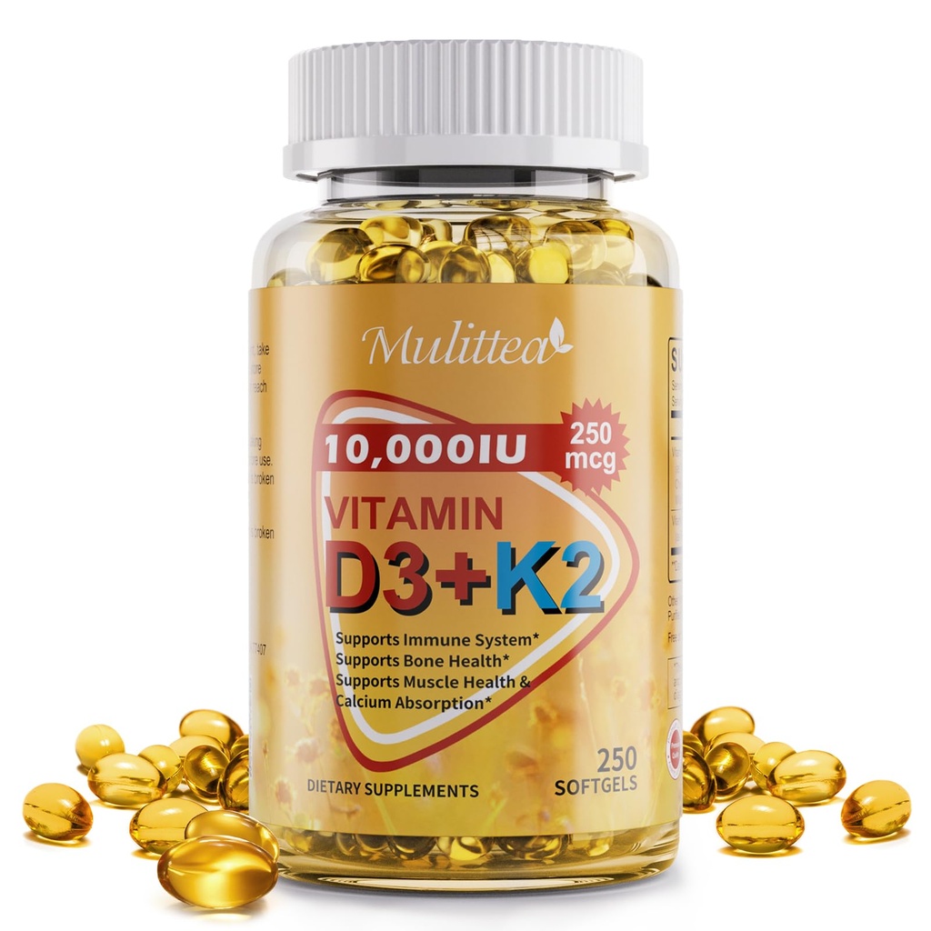 Plantebaseret D3 K2 Vitamin 10000 IE w / Virgin Coconut MCT Olie - 200 mcg MK7 Vitamin K2, Non- GMO til Ultimate Absorption - Bone, Immunum & Heart Health - Let at synke D & K supplement - 250 Softgels