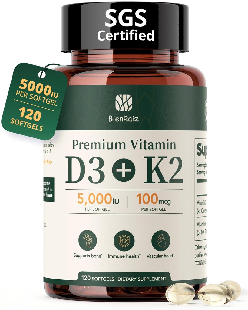 Vitamin D3 K2 5000IE 100mcg MK- 7, 120 Softgels, 2- in-1 K2 D3 Vitamin supplement til knoglerelateret sundhed, immunstøtte, bedre calciumabsorption, let at synke, én daglig, 120 dages forsyning