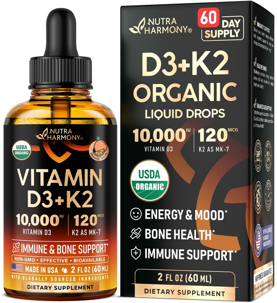 Vitamin D3 K2 USDA Organic Drops - Vitamin D3 10000 IE & K2 som MK - 7 120mcg - immunforsvar og mood support, ben & tænder sundhed - sukkerfri Orange Flavor - flydende supplement - Made in USA - 2 FL OZ, 60 dage