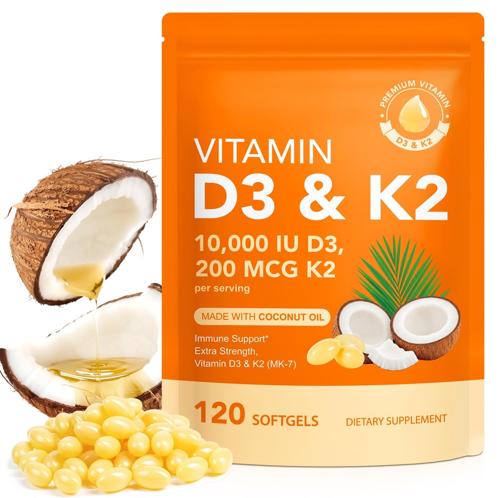 Vitamin D3 K2 med kokosolie - Vegan Vitamin D3 & Mk7 Vitamin K2for ben & immunforsvar - Non- GMO, Soy Free - 120 Softgels