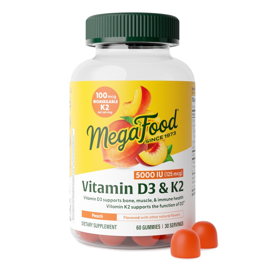 MegaFood Vitamin D3 K2 Gummies - D-vitamin 5000 IE til ben & immunforsvar Plus Støtte til optimal calciumabsorption - Peach Flavor, Pectin baseret - 60 Vegetar D3 og K2 Kosttilskud, 30 Servere