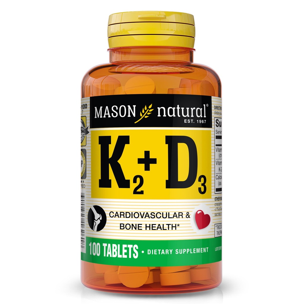 MASON NATURAL Vitamin K2 + D3, 100, Day Supply, med Calcium til normal ben og muskel support, tabletter