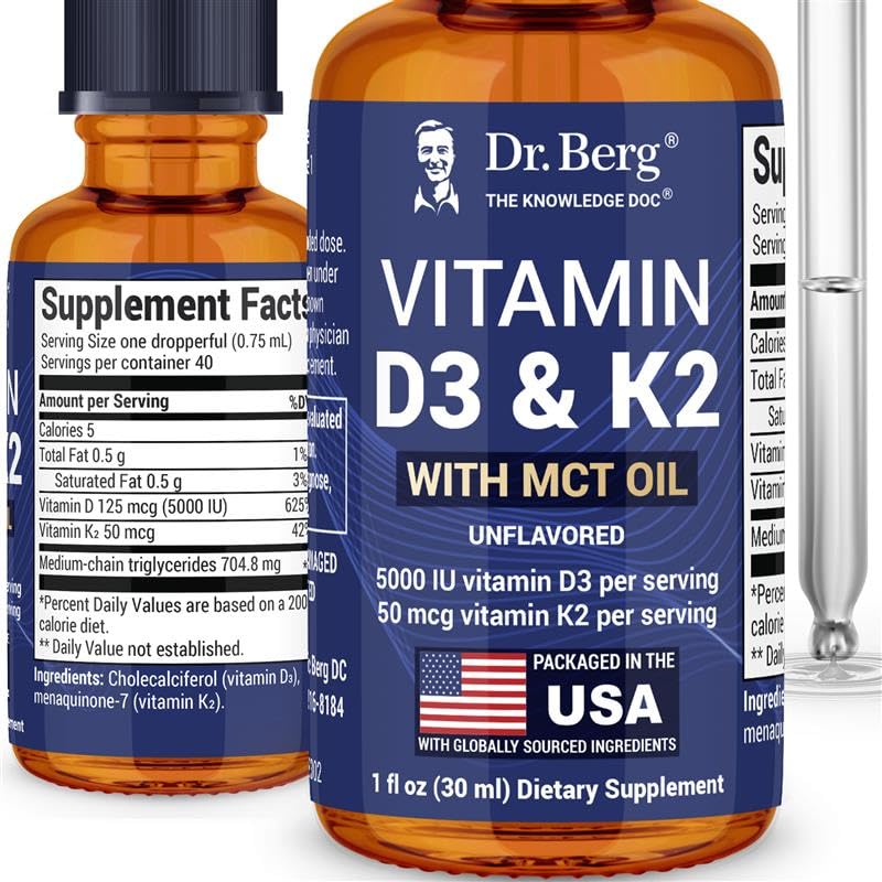 Dr. Berg Maksimum Strength Vitamin D3 K2 Liquid Drops med MCT Oil - 5.000 IE Liquid Vitamin D3 med K2 - Understøtter stærke knogler, hjerte, energi, immunitet og total Vitality * - Unflavored 1 Fl Oz