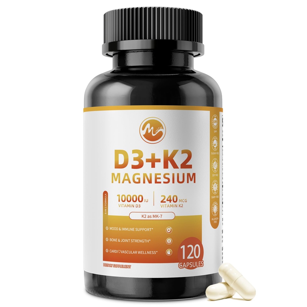 M tommer D3 K2 vitamin med Magnesium, D3 10000 IE vitamin K2 MK- 7 240 mcg, 6 - in-1 K2 D3 vitamin supplement med Quercetin til ben, immunforsvar og moo * d Support, Højt biotilgængeligt, 120 kapsler