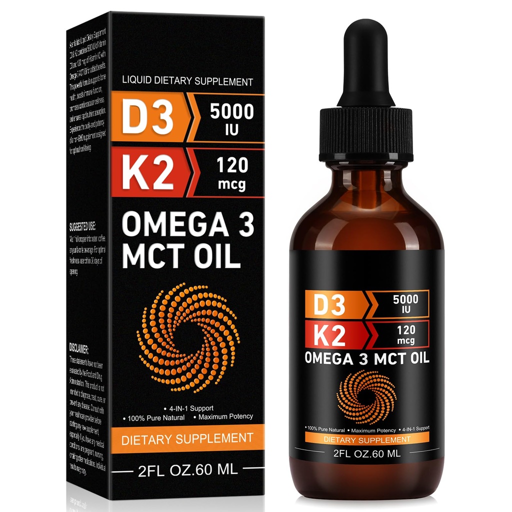 Daiasns Vitamin D3 5000 IE & K2 (MK- 7) 120 mcg 60ml dråber med MCT Oil Omega 3, flydende vitamin D3 & K2 Kosttilskud - 2 måneder Support -Support Bones, Tænder, Mood & Immunsystem, Calcium Absorption