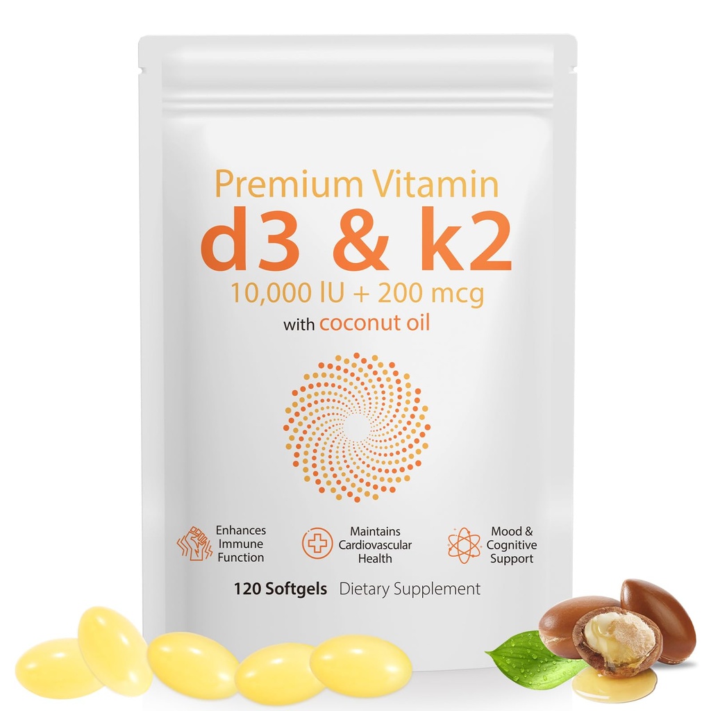 Daiasns Vitamin D3 K2 10000iu Understøtter Muscle & Brain Health -High- Potency D3 K2 Supplement Hjælper i immunforsvar og cardiovaskulær Support - 120 Softgels