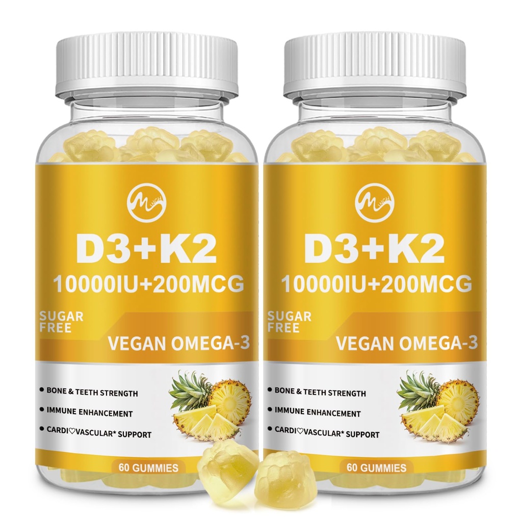 M tommer Vitamin D3 K2 Gummies, Vitamin D3 10000IE, K2 (MK- 7) 200mcg, 6- in-1 Vitamina D3 con K2 tillæg med Omega-3 for kvinder og mænd - Bones, tænder og immunforsvar, sukker fri, 2 pakke