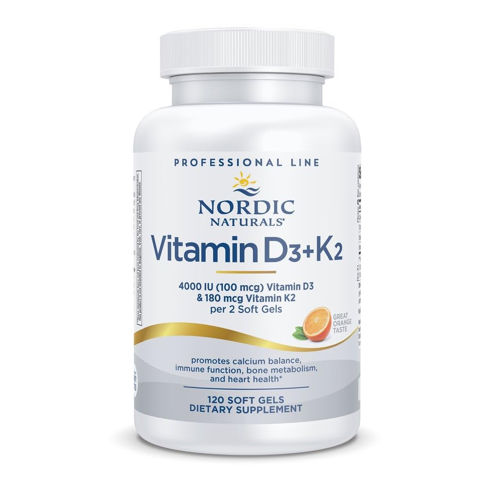 Nordic Naturals Professional Grade D3 + K2 Supplement, Orange Flavor - 60 Soft Gels - 4000 IE D3 & 180 mcg K2- fremmer Calcium Balance & immunfunktion - Non- GMO - 30 Servering