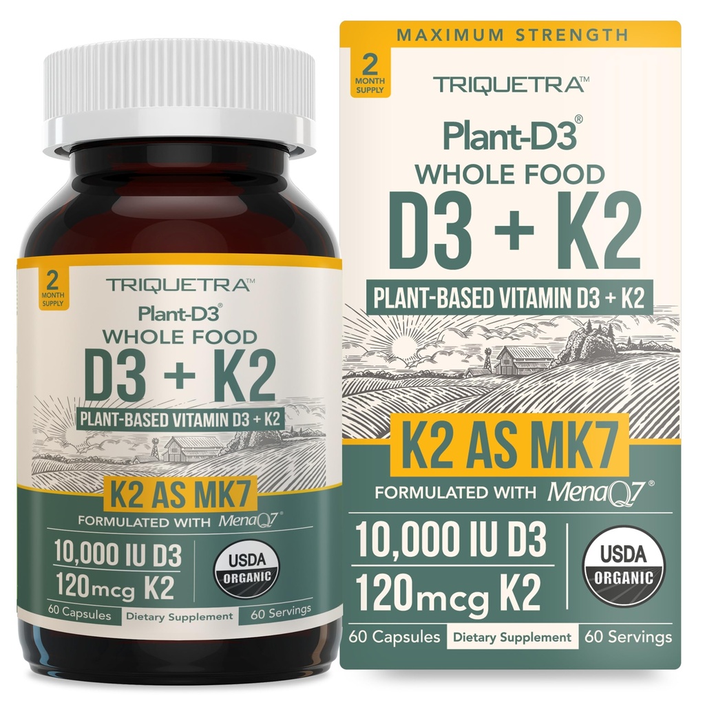 Organic Plant D3 + K2; 10000 IE D3 + 120 mcg K2 som All- Trans MK7 fra MenaQ7 ® - 100% hel mad, Rå & Vegan