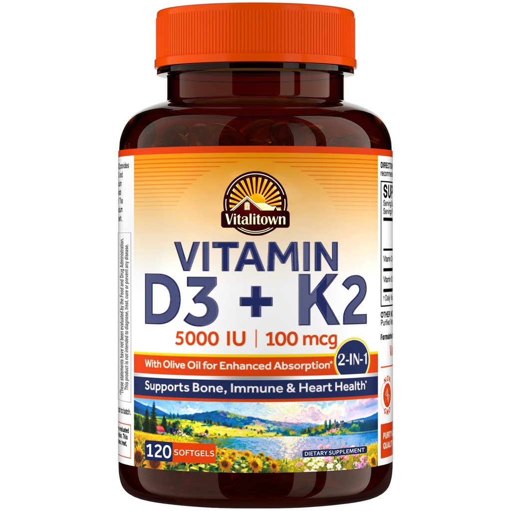 Vitalitown Vitamin D3 K2 Supplement, D3 5000 IE, Vitamin K2 MK- 7 100 mcg, Non- GMO, No Gluten & Soy, for ben, tænder, immunforsvar og hjerte sundhed, 120 Softgels