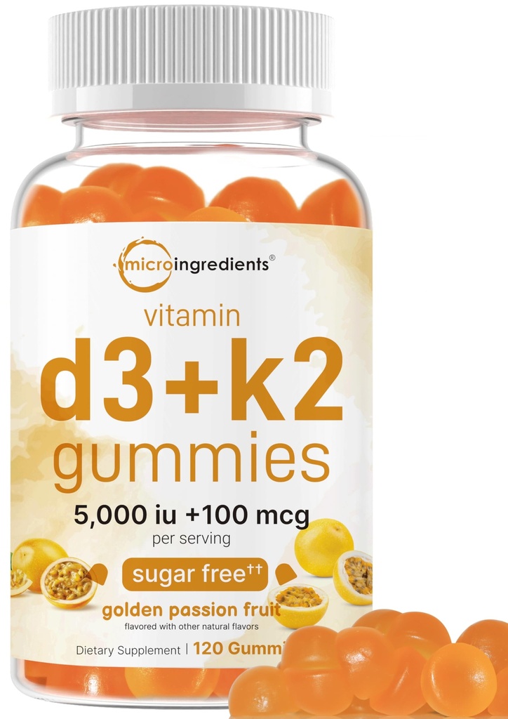 Micro Ingredients Vitamin D3 K2 Gummies, 120 Count 124; 5.000 IE D-vitamin + 100 mcg K2 MK- 7
