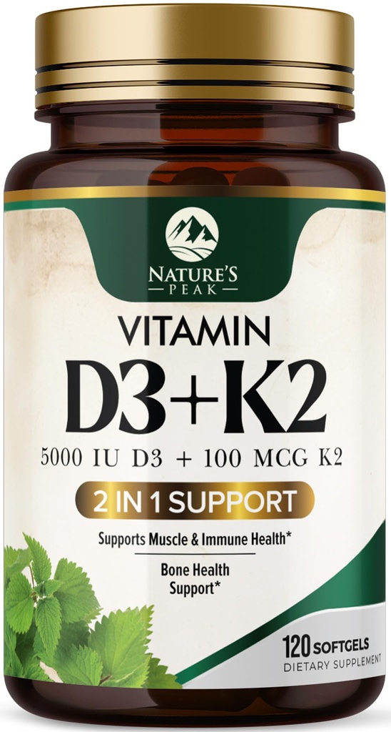 D3 K2 Vitamin - D3 5000 IE Per Softgel - High Potency Vitamin D3 Supplement - 2-in-1 Complex Vitamin D & Vitamin K2 (MK7) - Let at synke, ben & immunforsvar - Flasket USA - 120 Softgels