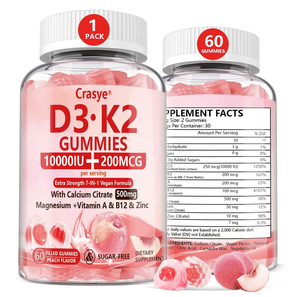Vitamin D3 K2 Gummies 10000 IE med 500 mg Calcium Magnesium Zink Gummic Sugar Free ADK + Vitamin B12 Kosttilskud til kvinder og mænd Bones, Muskler, Tænder Peach Flavor - 60 Gummies - 30 Servere