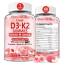 Vitamin D3 K2 Gummies 10000 IE med 500 mg Calcium Magnesium Zink Gummic Sugar Free ADK + Vitamin B12 Kosttilskud til kvinder og mænd Bones, Muskler, Tænder Peach Flavor - 60 Gummies - 30 Servere