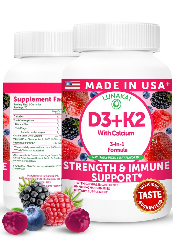 Lunakai USA Made D3 K2 Gummies Vitamin med Calcium - 3-in-1 Dagligt Vegansk tillæg for ben & immunforsvar for kvinder, mænd og børn, 60ct