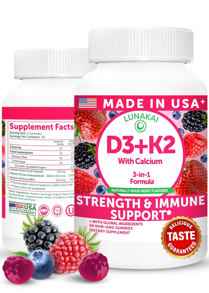 Lunakai USA Made D3 K2 Gummies Vitamin med Calcium - 3-in-1 Dagligt Vegansk tillæg for ben & immunforsvar for kvinder, mænd og børn, 60ct
