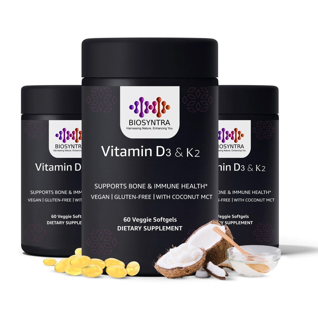 D3 + K2-vitamin med kokosolie - Vegansk D-vitamin 5000 IE & MK7-vitamin K 110mcg for ben, hjerte og immunforsvar, non- GMO, tredjepartstestet, sojafri, høj absorption 60 Veggie Softgels