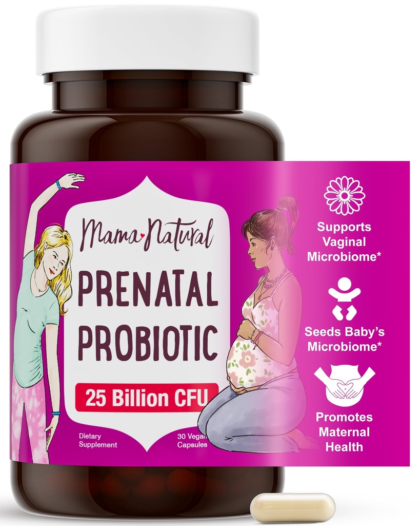 Mama Natural Prenatal Probiotika til kvinder - Gut & immunforsvar for graviditet, Amning & Postpartum * - 124; 25 milliarder CFU, 12 Strein Probiotic & Prebiotic Blend to Support Mor og Baby