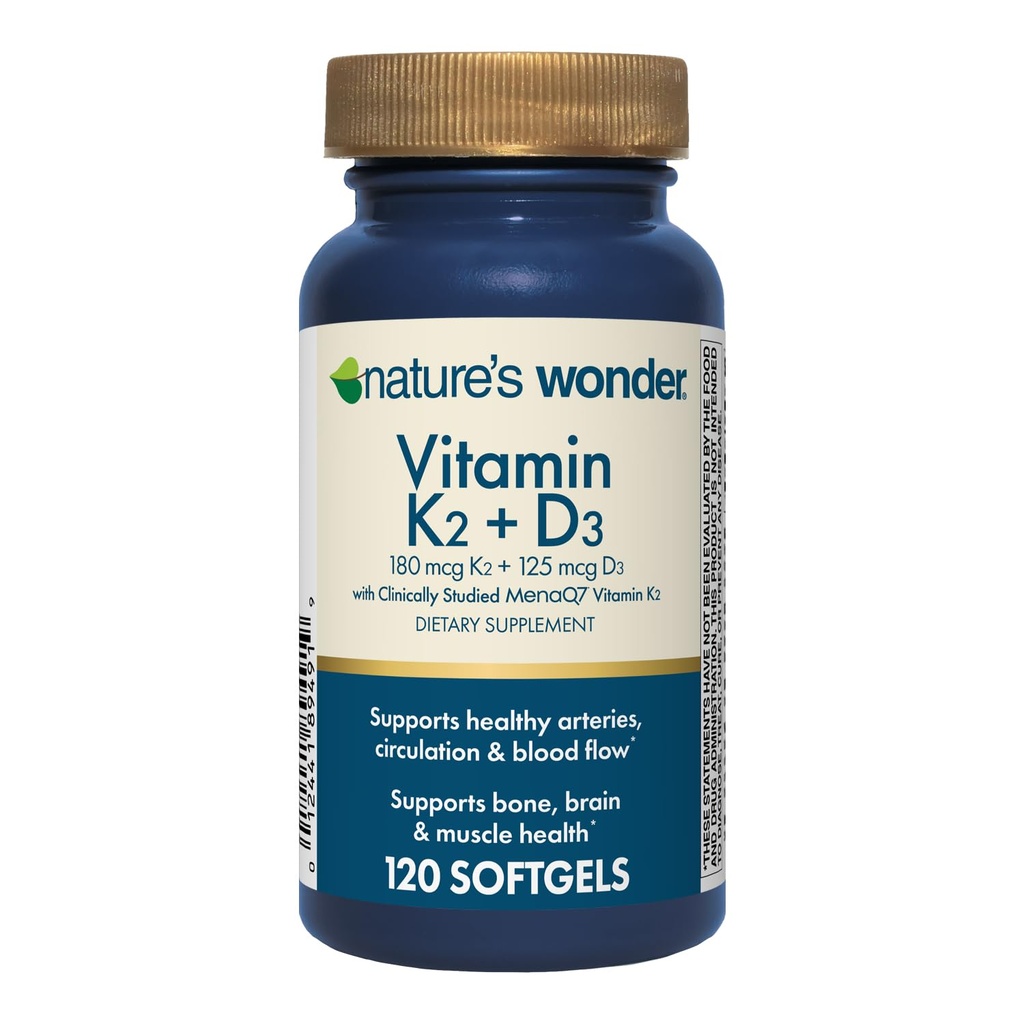 Naturens Wonder Vitamin K2 + D3 med MenaQ7 til kardiovaskulær, hjerne, ben og muskel sundhed, 120 Softgels, 120 Day Supply