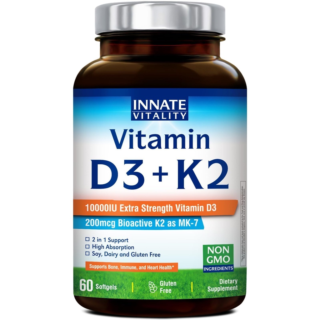 Innate Vitality Vitamin D3 K2 tillæg, høj potens Vitamin D3 10000 IE & Vitamin K2 (MK- 7) 200 mcg, Understøtter Ben, tænder, hjerte & immunforsvar, non-GMO, gluten fri, 60 Softgels