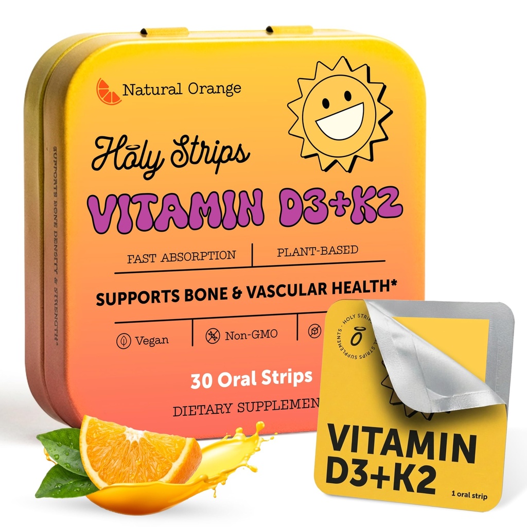 Vitamin D3 K2 Supplement 5000 IE - Fast- Absorbing Oral Strips for Bone & Heart Health - Vitamin D K2 Plant- baseret formel - D3K2 - Højpotens Vitamina D3 con K2- Non GMO - Sukkerfri (30 Tæl)