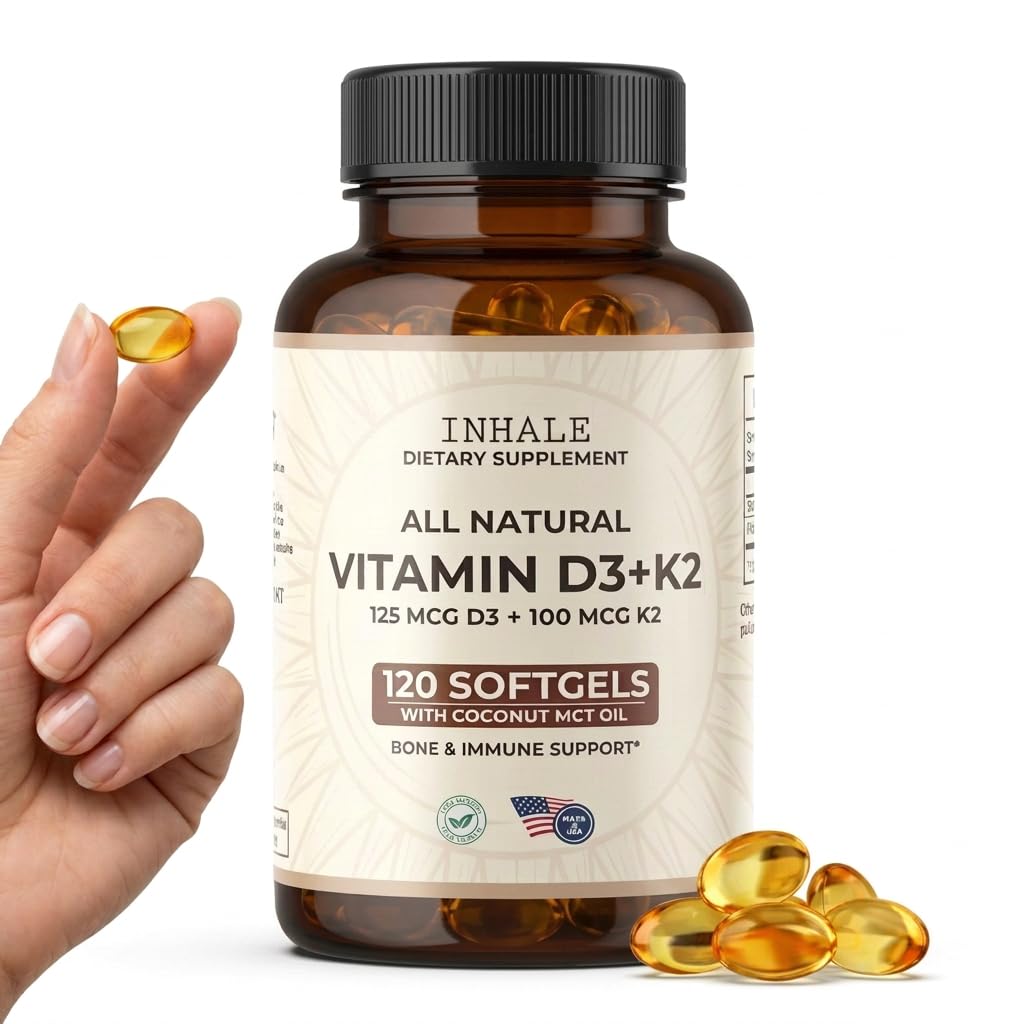 Inhale Vitamin D3 + K2 med kokosolie - 5000 IE D3 & 100 mcg MK7 K2 for ben, hjerte og immunforsvar - ikke - GMO · Soy Free · Gluten Free - 120 Softgels