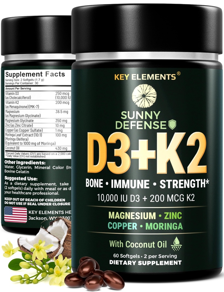 KEY ELEMENT D3 K2 Vitamin 10.000 IE med Magnesium Glycinate 350 mg, Zink og Moringa - Knogle- & immunsupport - D-vitamin med K2 MK- 7 200mcg - Non- GMO, Gluten- Free Softgels