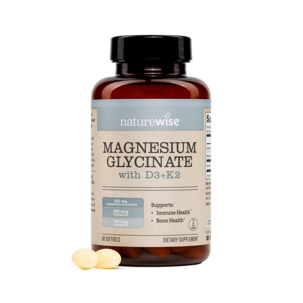 NatureWise Magnesium Glycinate 550mg + højdosis 10000 IE D3 K2 100 mcg - D3 K2 Magnesiumsupplement - Chelated for High Absorption - Bone Support - Non- GMO, USA Fremstillet - [30- Day Supply]