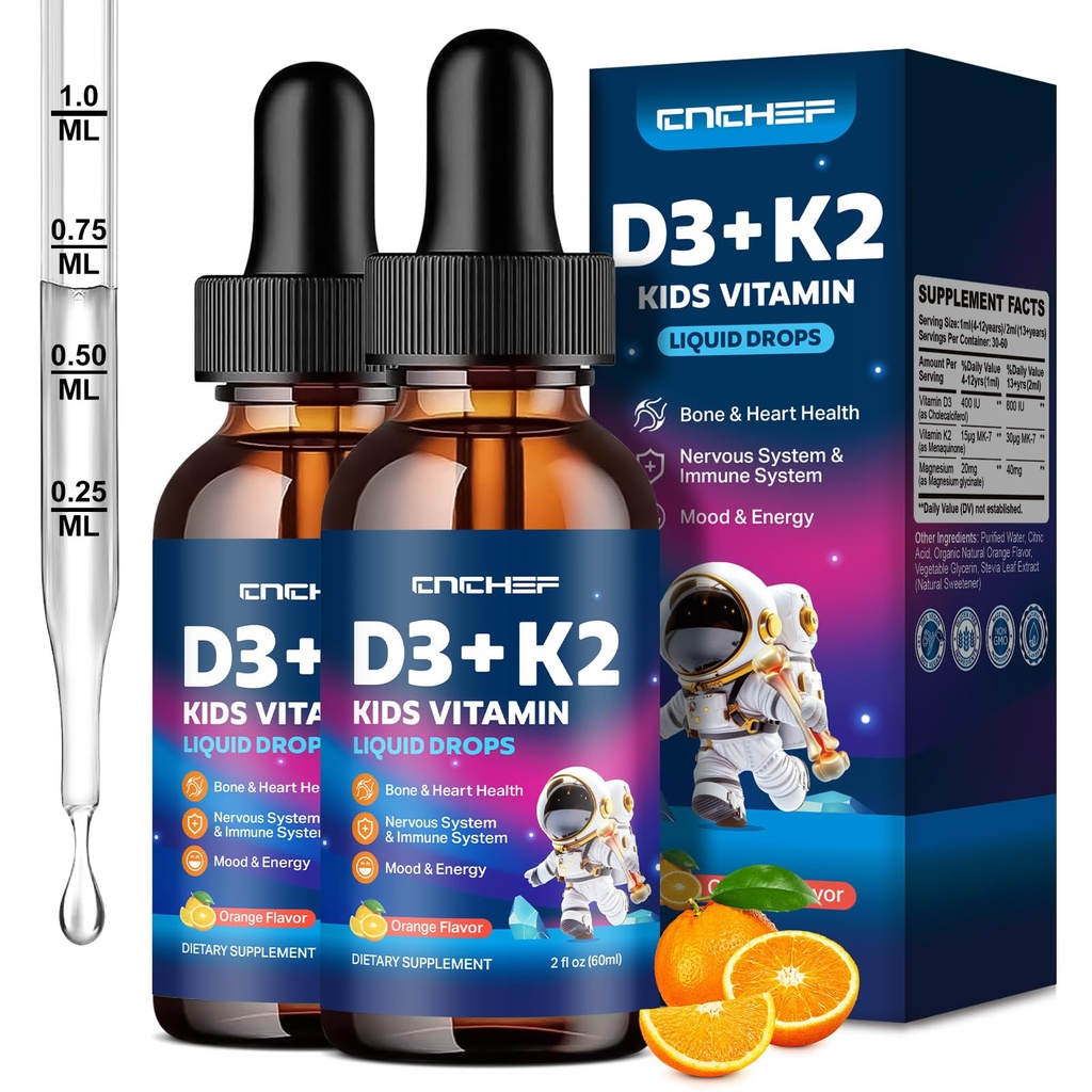 2PCS Vitamin D3 K2 dråber til børn - Flydende tillæg med Magnesium for Calcium Absorption, fælles sundhed, tænder & hjerte - non-GMO, Vegan, Orange, 4 Fl Oz - Kids Age 4 +