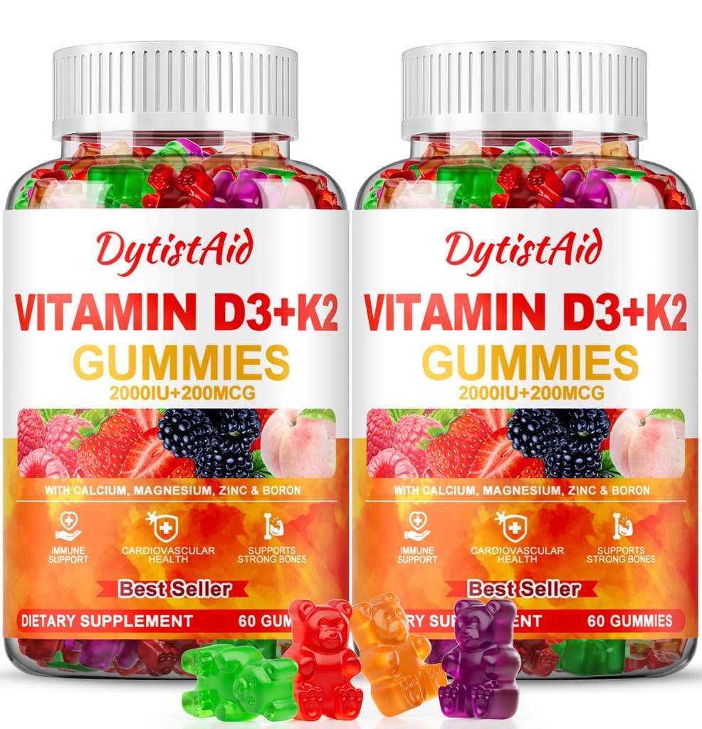 Vitamin D3 + K2 Gummies 2000 IE med calcium + K2 (MK- 7), Magnesiumcitrat, vitamin C, zink & bor - ben, hjerte og immunforsvar - Vegan, ikke - GMO, gelatinefrit, sukkerfrit supplement, 120 Gummies