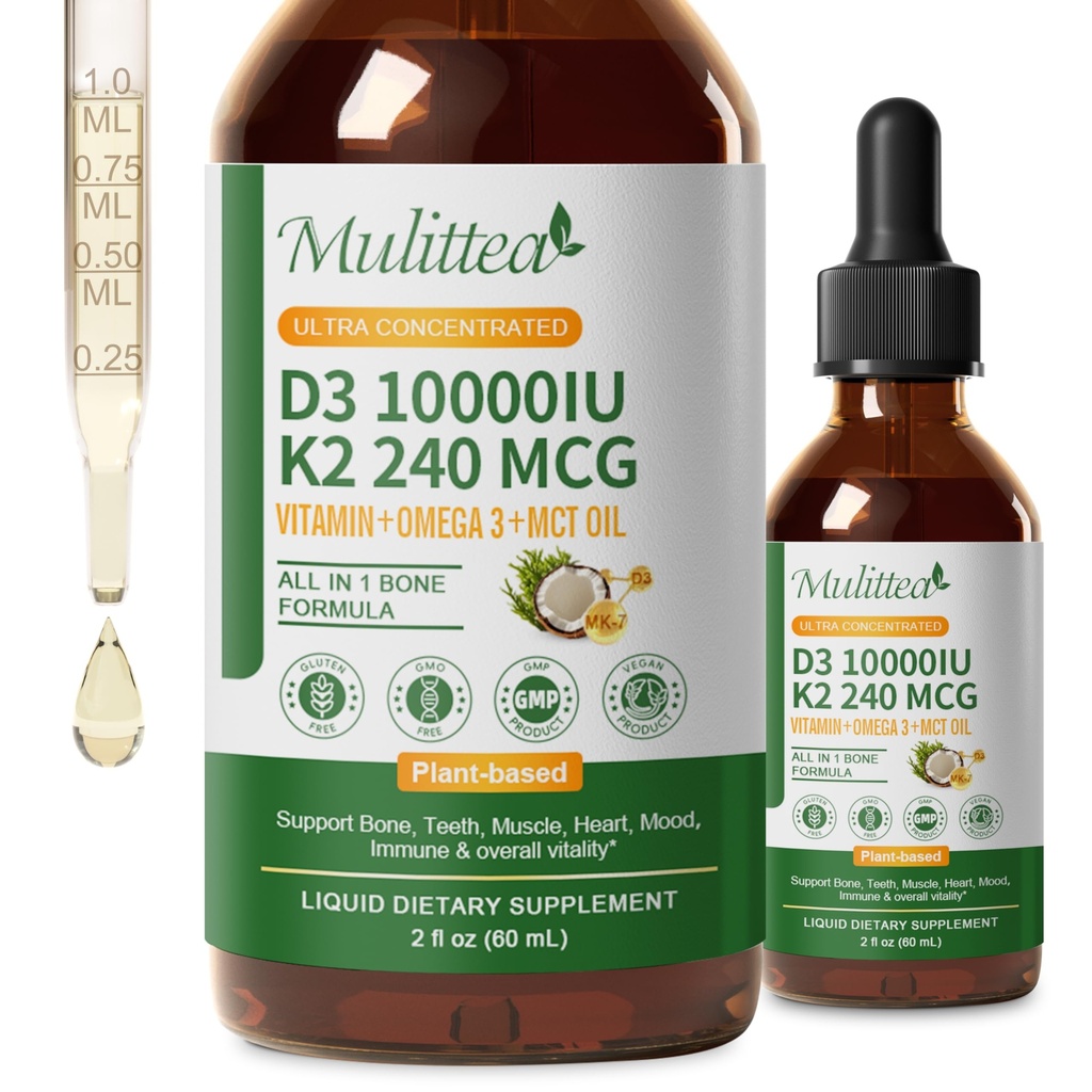 2 Pack Organic Vitamin D3 K2 Liquid 10000 IE w / Vegan Omega-3 & Coconut MCT Oil - Maximum Strength Vitamin D Supplement, No Fillers, Non- GMO K2 som MK7 for ben, Muscles & High Absorption-2 Fl Oz