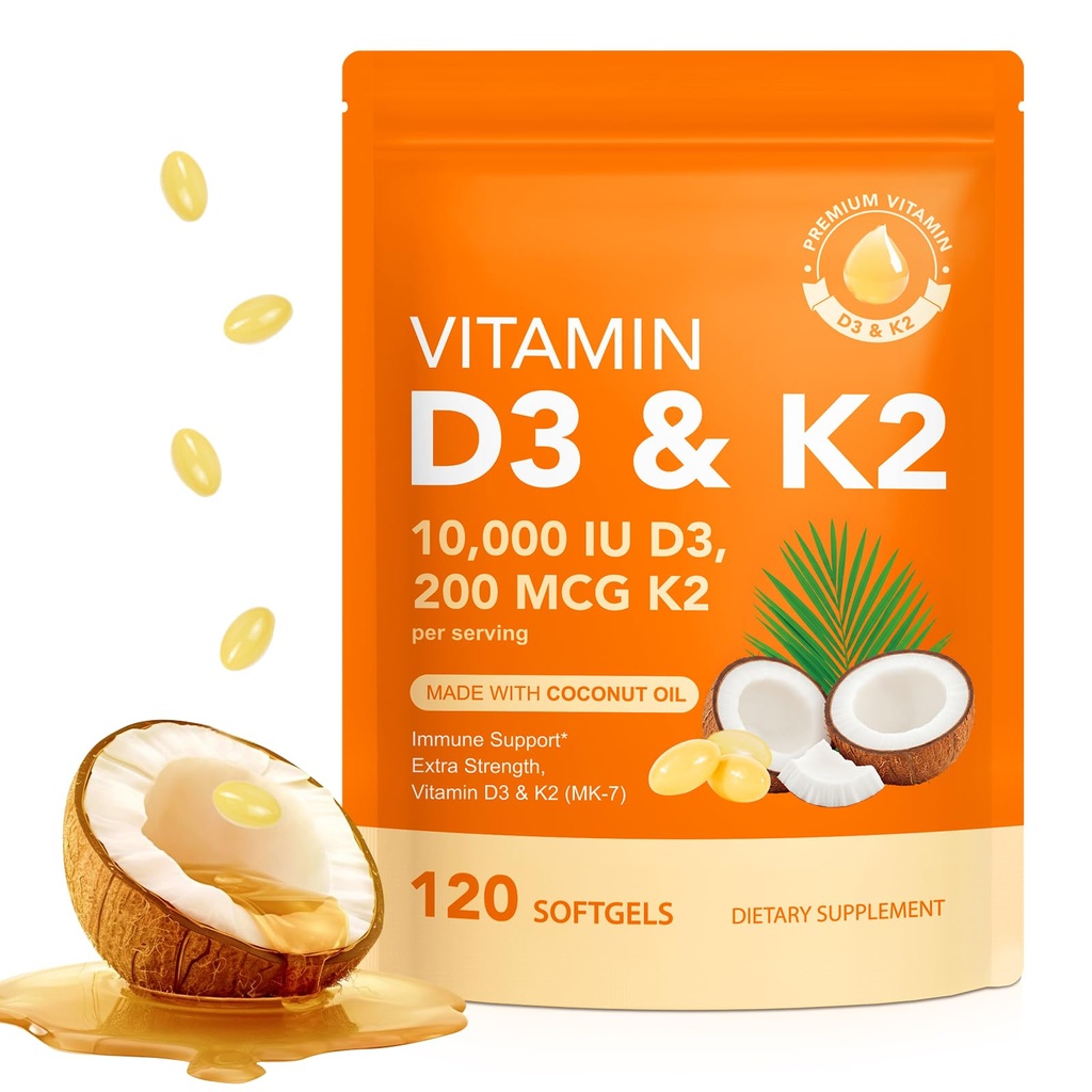 D3- vitamin K2 10000 IE med 200 mg, D3- vitamin og K2 kapsler, 2 i 1 Vitamin D & K kompleks med Virgin Kokosolie, 120 Softgel, Let at synke & non- GMO