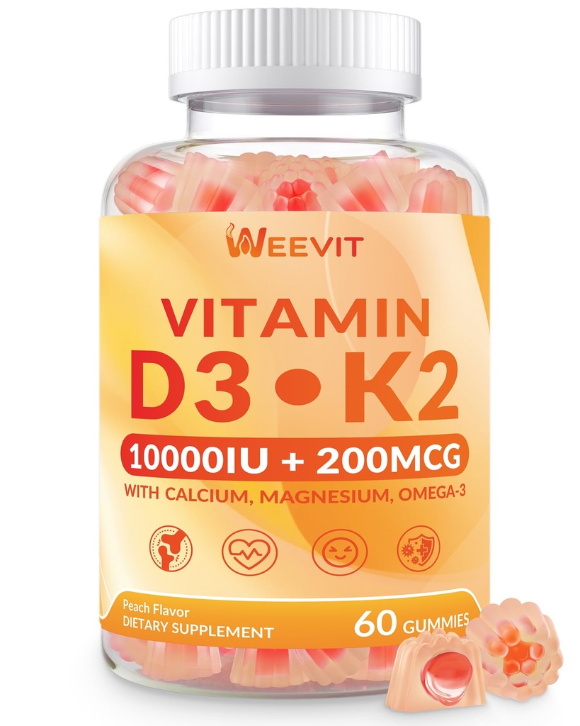 WEEVIT-vitamin D3 K2 Gummies, Sugar Free Vitamin D3 K2 w / Calcium, Magnesium, Omega-3, C-vitamin, B12, K2 D3 Supplement