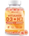 WEEVIT-vitamin D3 K2 Gummies, Sugar Free Vitamin D3 K2 w / Calcium, Magnesium, Omega-3, C-vitamin, B12, K2 D3 Supplement