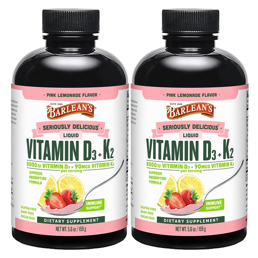 Barlean 's pakke med 2 D3- vitamin + K2 flydende tilskud til børn og voksne, 5000 IE vitamin D, Pink Lemonade, non-GMO, gluten og Dairy Free, 5,6 oz hver