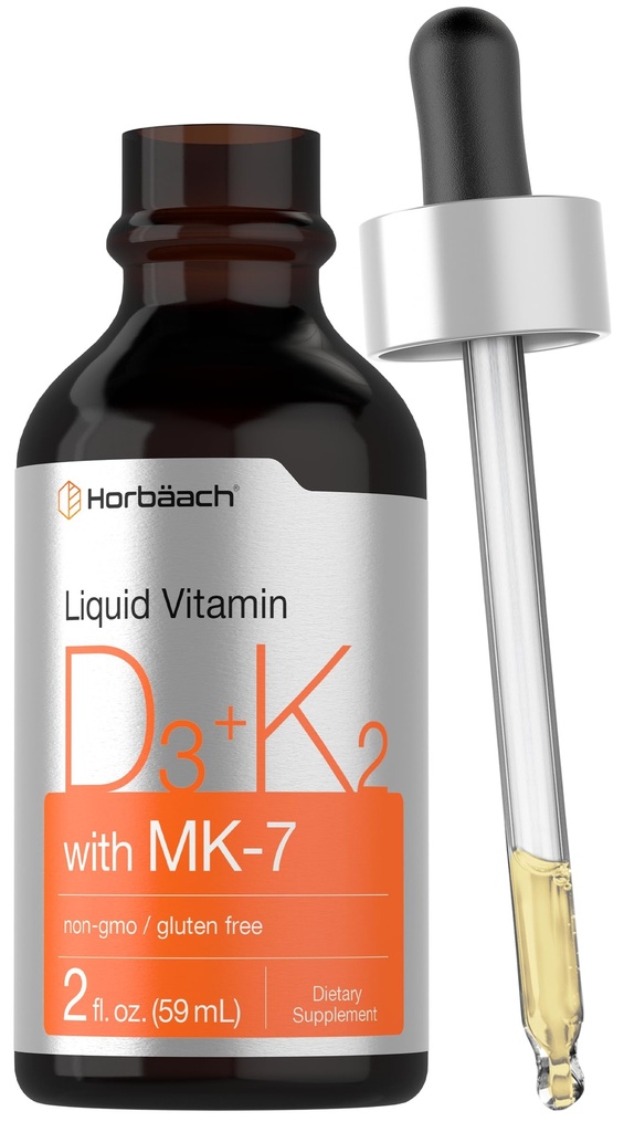 Horbäach Vitamin D3 K2 Liquid Drops • 124; med MK7 • 124; 2 Fl Oz • 124; Vegetar, Non- GMO, Gluten Free Supplement