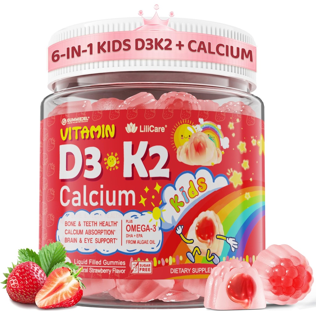 Vitamin D3 K2 + Calcium Liquid- fyldte gummier til børn & Teens, 1000IE / 2000IE D3 med magnesium, Algal Omega 3, Kids Vitaminer til knogler & tænder, Calcium Absorption, Brain, Immunum, Sugar- Free, 60Cts