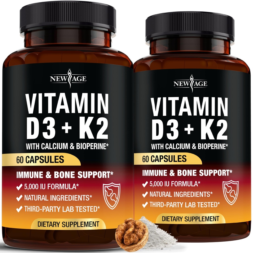 NEW AGE D3 5000 IE + K2 MK- 7 100 mcg - 2 - in-1 Knogle-, immun- og hjertestøtte, let at synke, ikke- GMO - 120 kapsler