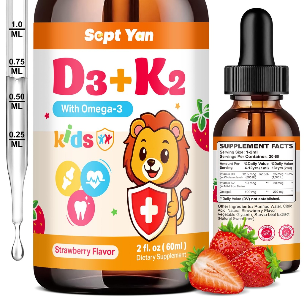 Kids Vitamin D3 K2 Drops - K2 D3 Vitamin Supplement 1000 IE med Omega 3, Support Bone, Mood, Tænder & Immun- Vitamin D3 K2 (MK- 7) Flydende Drops til voksne & Børn, Sukker Free Strawberry Flavor 2 FL OZ