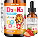 Kids Vitamin D3 K2 Drops - K2 D3 Vitamin Supplement 1000 IE med Omega 3, Support Bone, Mood, Tænder & Immun- Vitamin D3 K2 (MK- 7) Flydende Drops til voksne & Børn, Sukker Free Strawberry Flavor 2 FL OZ