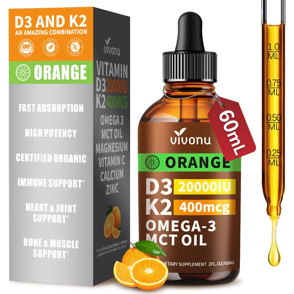 D3- vitamin K2 dråber, D3 20000 IE & K2 som MK- 7 400mcg med Magnesium, Calcium, Zink & Omega 3 til immunforsvar *, Mood *, Bone * Sundhed, Orange Flavor Vitamin D flydende dråber Supplement 1 flaske / 2 Ounces