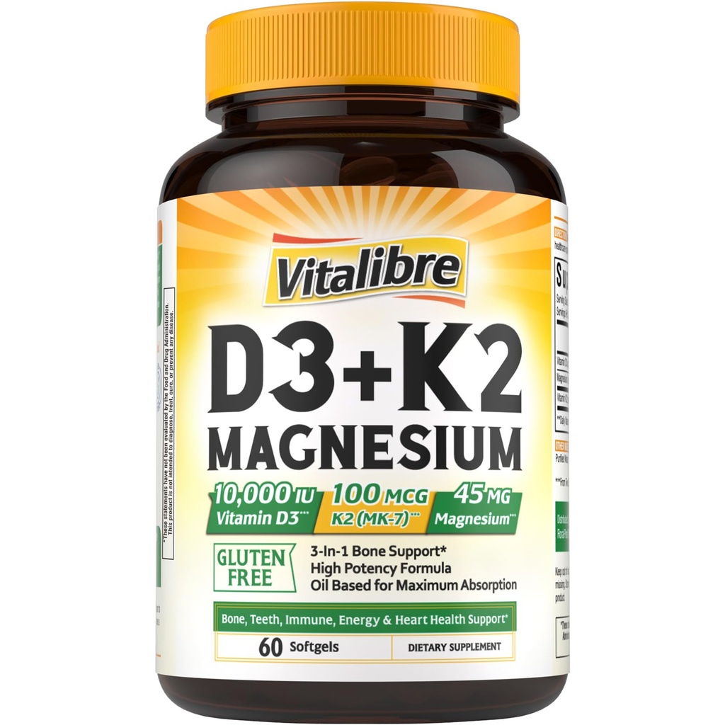 Vitalibre D3 K2 + Magnesiumtilskud, 10000 IE D3 & 100 mcg K2, med Magnesium Glycinat, Knogler, tænder, immunforsvar og energistøtte, Høj Absorption, Non- GMO, Let at synke, 60 Softgels