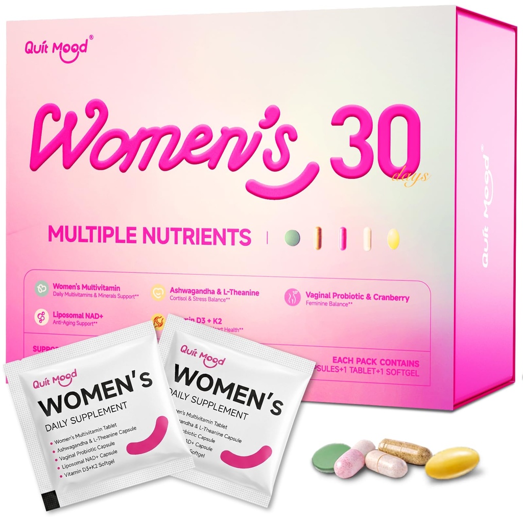 Multivitamin til kvinder Daglige vitaminpakker til 30 plus med D3 + K2, NR1000, Probiotika & Ashwagandha Budd124; Supplement for skønhed, Stress Relief, Bone & Heart Health, Energy, Gut & Hormon Balance 124; 30 dag