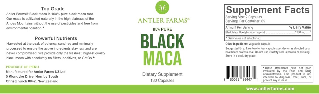 Antler Farms - 100% Pure Black Maca Root, 130 Kapsler, 1500mg - Vokset i Junin Plateau i Peru, Mandlig energi, Vitality & Stamina, Hormonal Balance, Memory & Mental Clarity