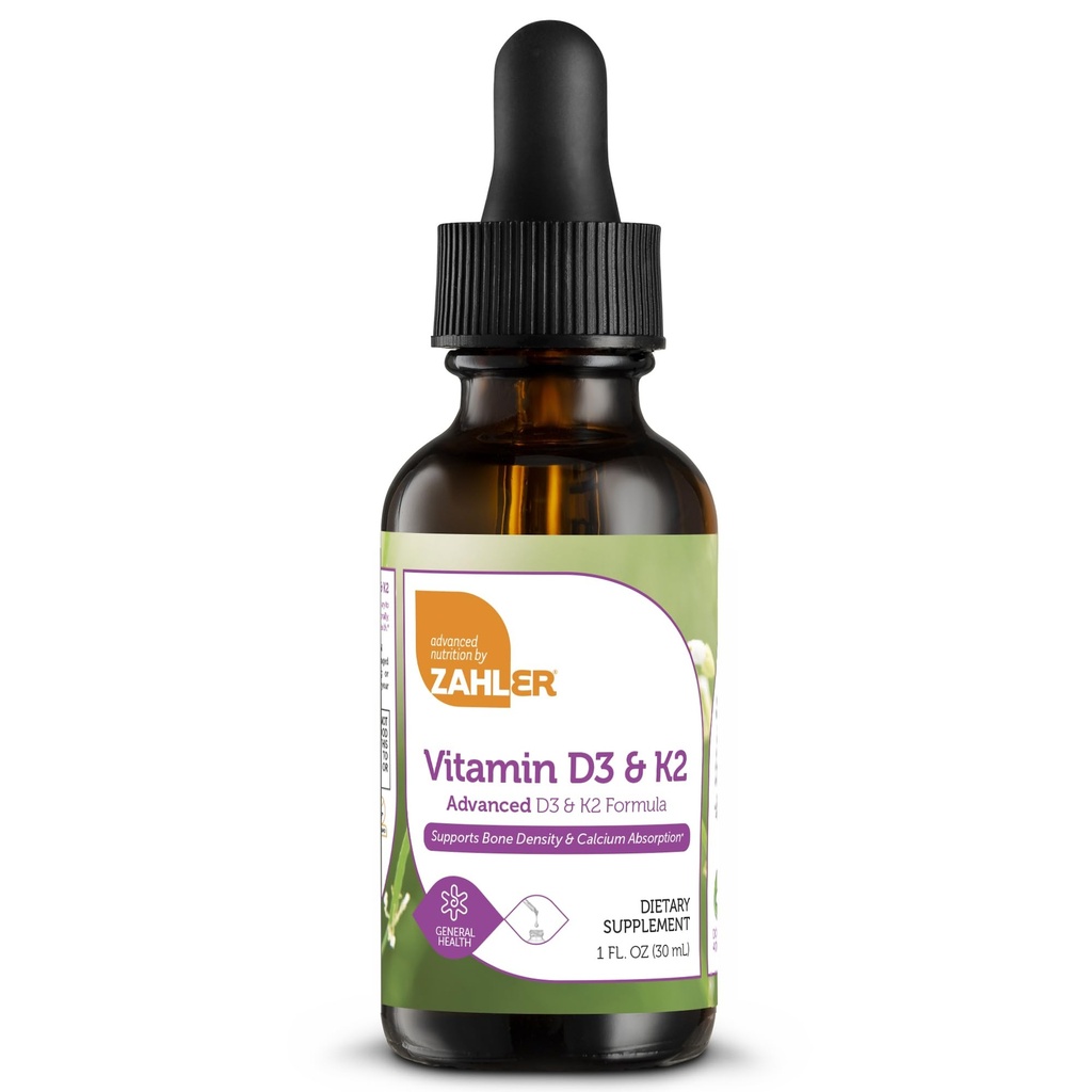 Zahler Vitamin D3 K2 Drops, Væske D3 med K2, 1000IE af D-vitamin og 1000mcg af K2 per Servering, Understøtter Bone densitet og Calcium Absoprtion, 1Fl Oz.