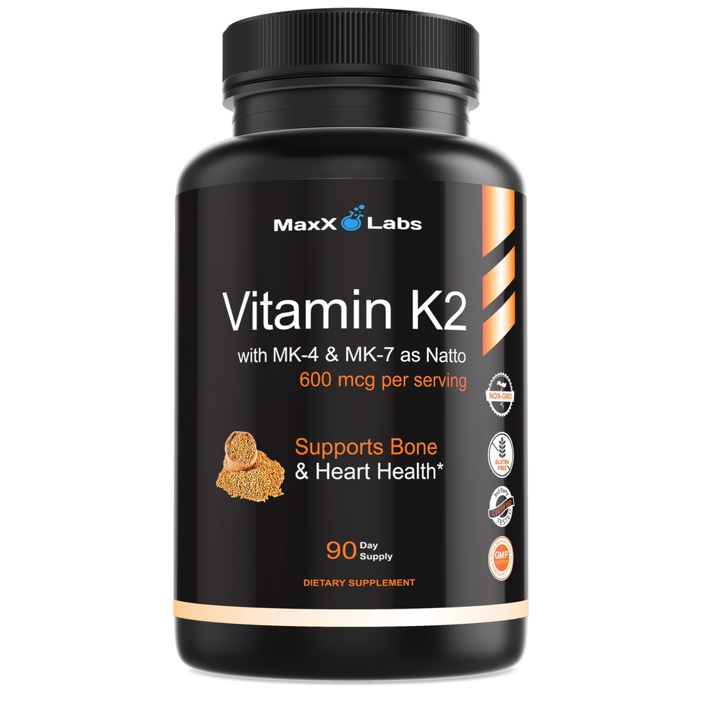 Vitamin K2 Supplement - Fuld Spectrum Vitamin K2-MK7, MK4 & D-vitamin - Høj styrke K2 virker med Vitamin-D3 - Vitamin-K 600mcg - Understøtter Bone Sundhed - 90 Kapsler