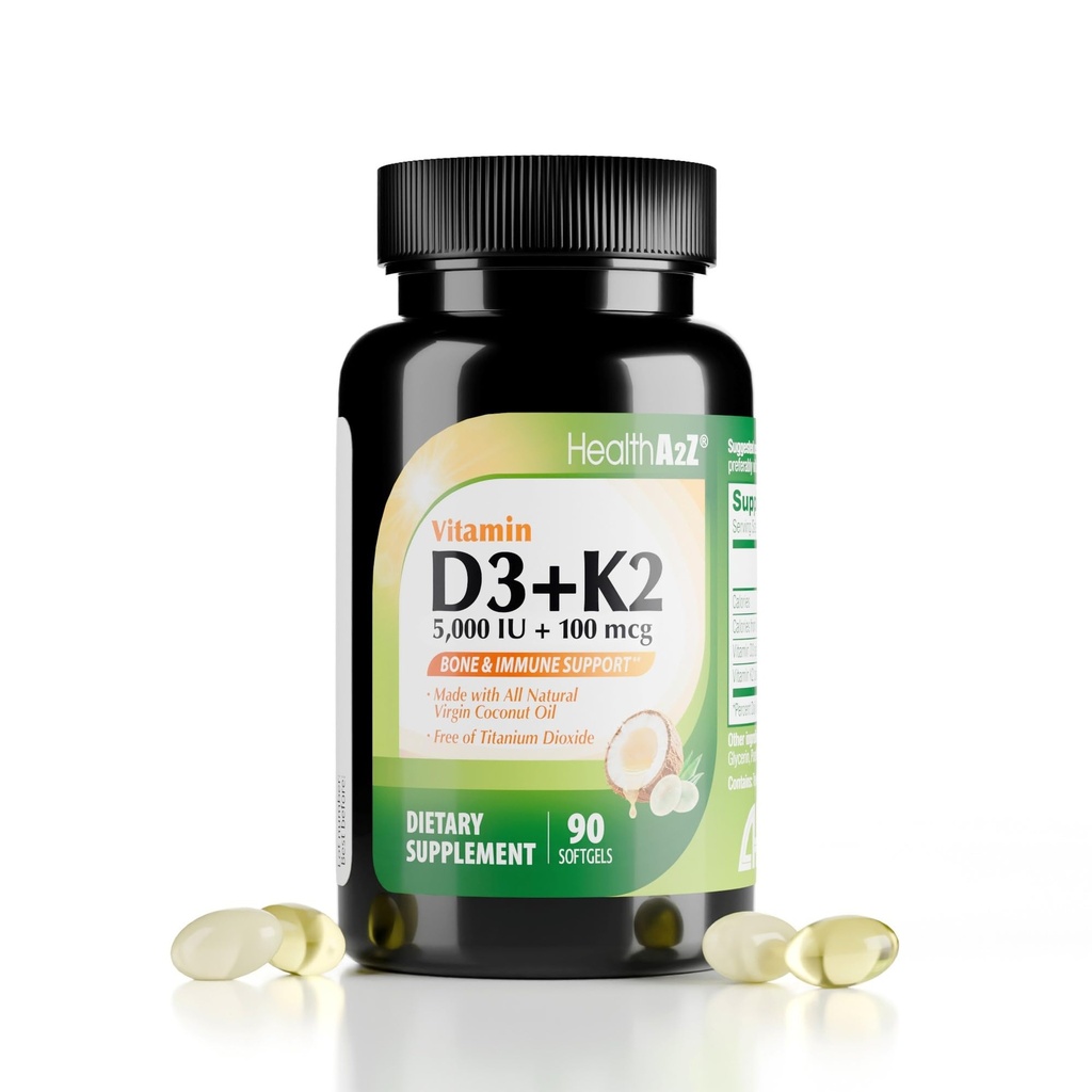 HealthA2Z ® Vitamin D3 (5.000 IE) + K2 (MK- 7) Lavet med Virgin Coconut Oil (Natural MCTs) - 90 Softgels (Pack of 1) - Hjælper Calcium Absorption for Bones, Tænder, Mood & immunforsvar